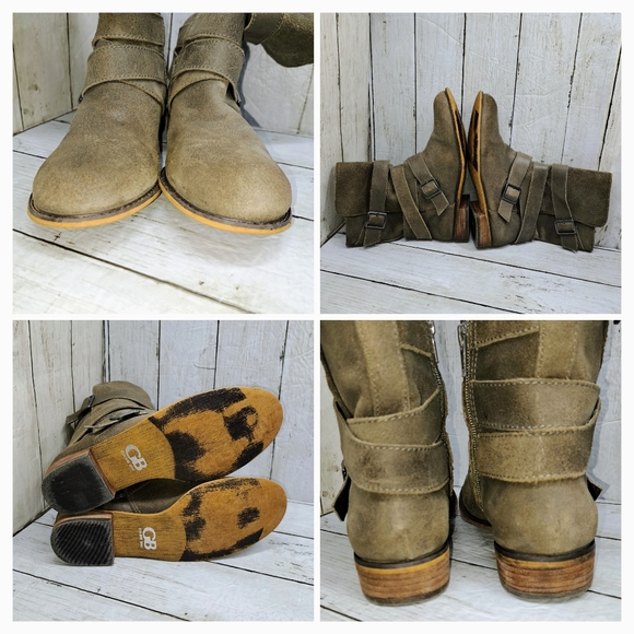 Gianni Bini Women 7.5M Grey Brown Brushed Suede Side Zip Buckle Strap Moto Boots - Picture 3 of 9